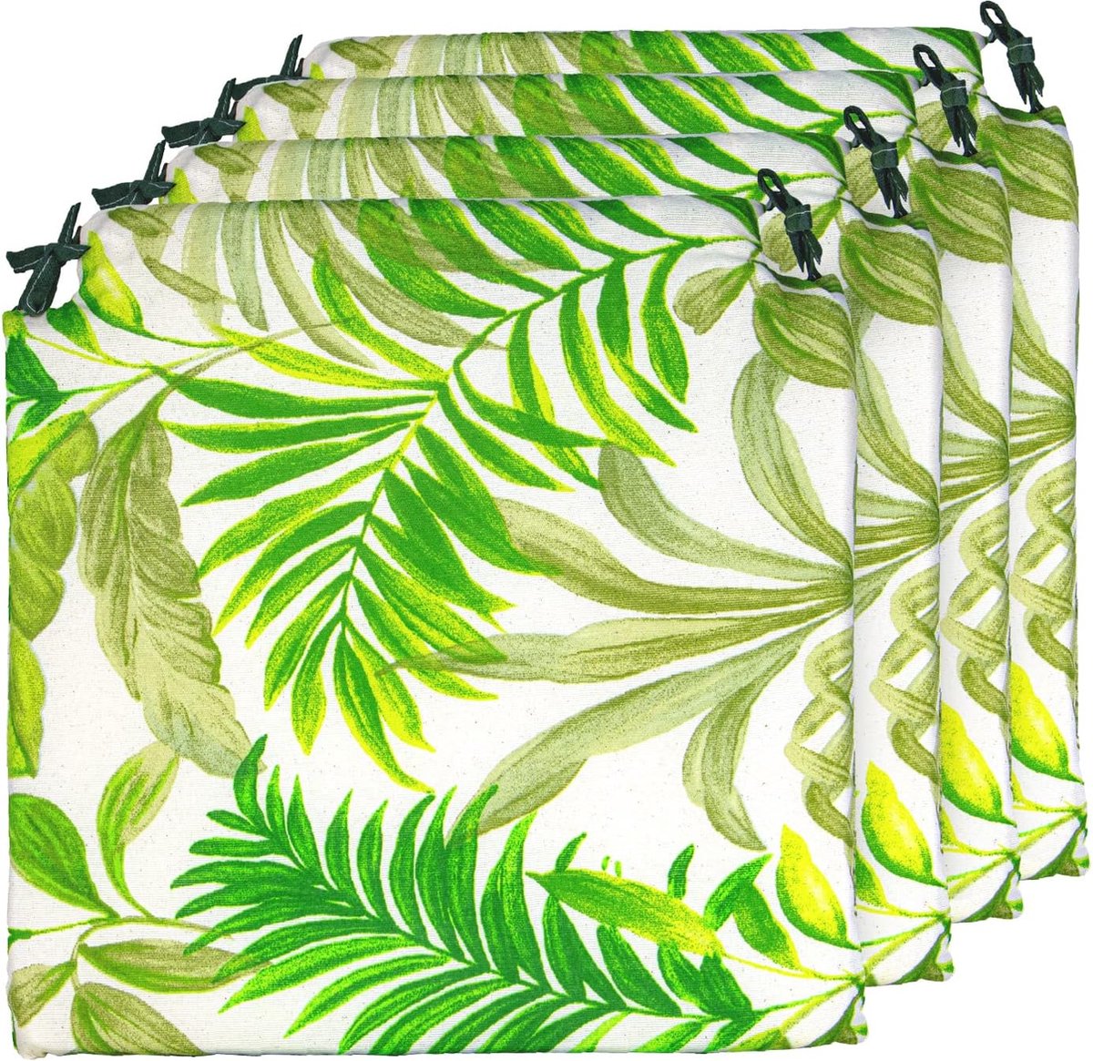 Tropical Green trend Set van 4 kussens voor stoelen, Tropical Green, met 2 bevestigingsriemen. Geschikt voor binnen- en buitengebruik. Afmetingen: 40x40cm. Groen