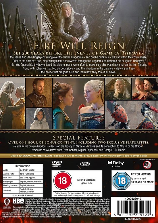 Achterkant DVD box: Vrouwen en mannen in kostuums, draken, tekst, rating "18".