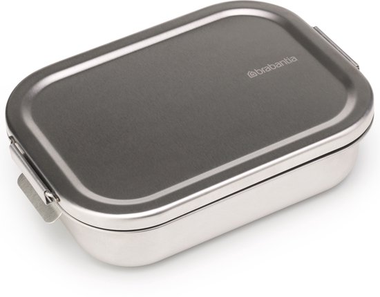 Boîte à lunch Brabantia fermée en inox avec logo sur le couvercle.