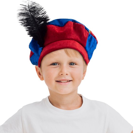 Funny Fashion Luxe pietenmuts/baret - rood/blauw - voor kinderen - Pietenbaret - Sint en Piet verkleedaccessoire