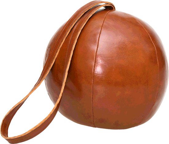 Bruine leren deurstopper in de vorm van een bal, met stiksels en een leren lus.