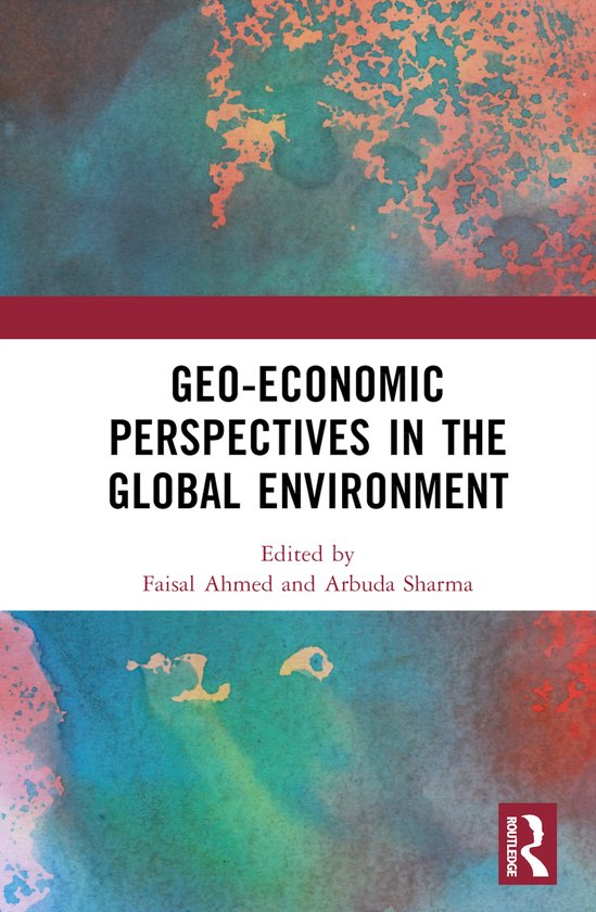Couverture de livre intitulée "GEO-ECONOMIC PERSPECTIVES IN THE GLOBAL ENVIRONMENT". Fond abstrait d'aquarelle dans des tons de vert, bleu et orange.
