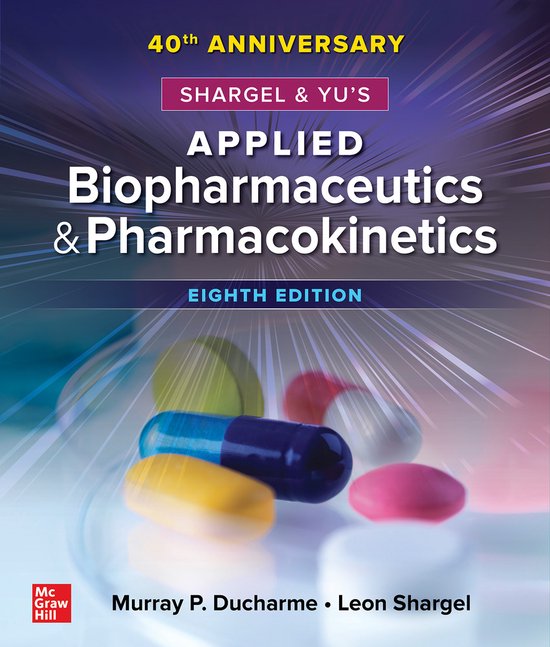 Couverture du livre "Applied Biopharmaceutics & Pharmacokinetics, 8th Edition" avec des pilules.