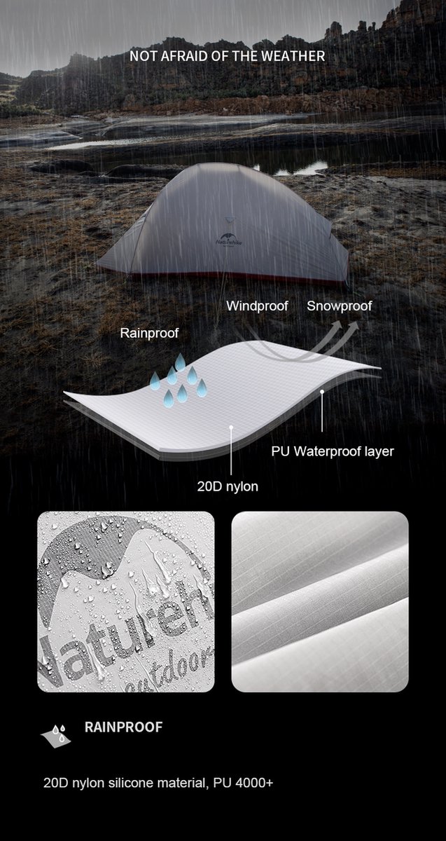 Cloud Up 3 Upgraded - 4 Seizoenen - Naturehike® - Tent 3 persoons - Lichtgewicht tent - Incl. grondzeil - 20D 4000MM - Waterdicht - Winter & Sneeuw van Merkloos — afbeelding 4