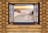 Fotobehang - Vlies Behang - Strandpad door de Duinen naar het Strand en Zee door het Raam 3D - 312 x 219 cm