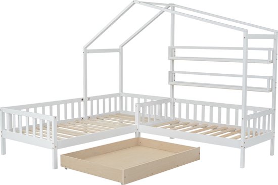 Merax Kinderbed voor Twee Personen - Huisbed met Opbergruimte - L-vormig 2 Persoons Bed - Wit