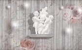 Fotobehang - Vlies Behang - Rozen, Standbeeldjes en Houten Planken - 254 x 184 cm