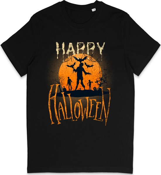 Zwart T Shirt Heren en Dames - Halloween Print - Maat M