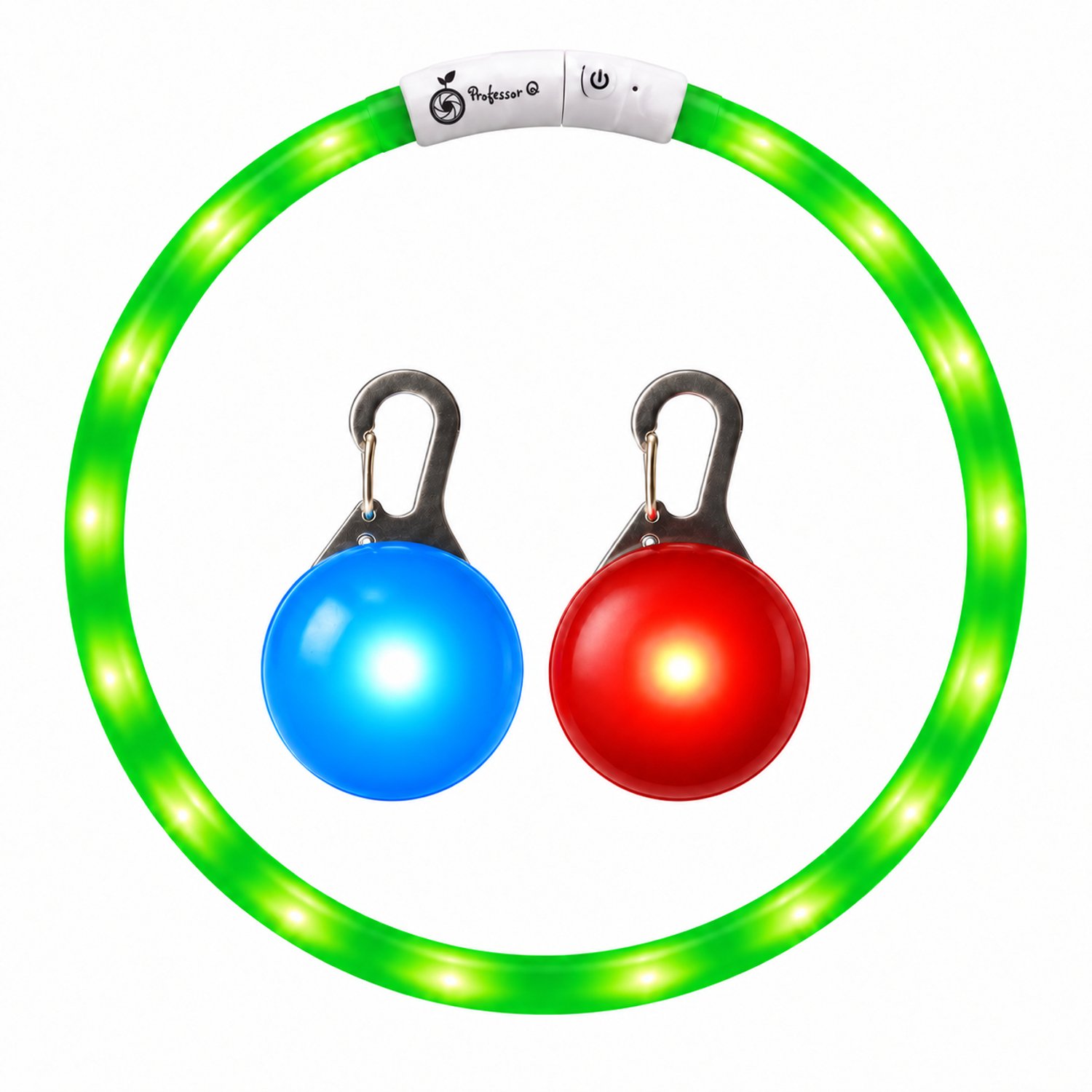 Professor Q LED Hondenhalsband Set - Groen L 66 cm - USB Oplaadbaar - 3 Lichtstanden - Met Blauw en Rood LED Lampje