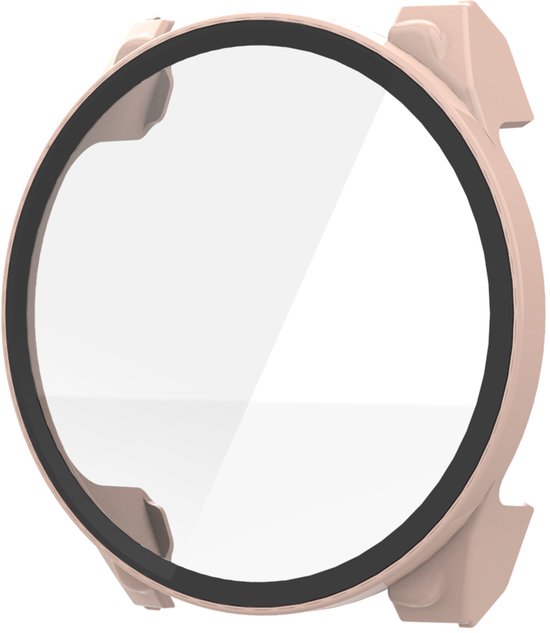 Roze harde horlogecase met geïntegreerde glazen screenprotector.