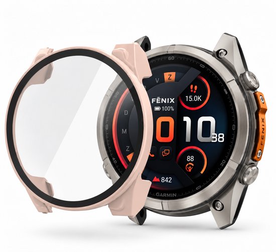 Lichtroze beschermhoes geplaatst naast een Garmin Fenix smartwatch.