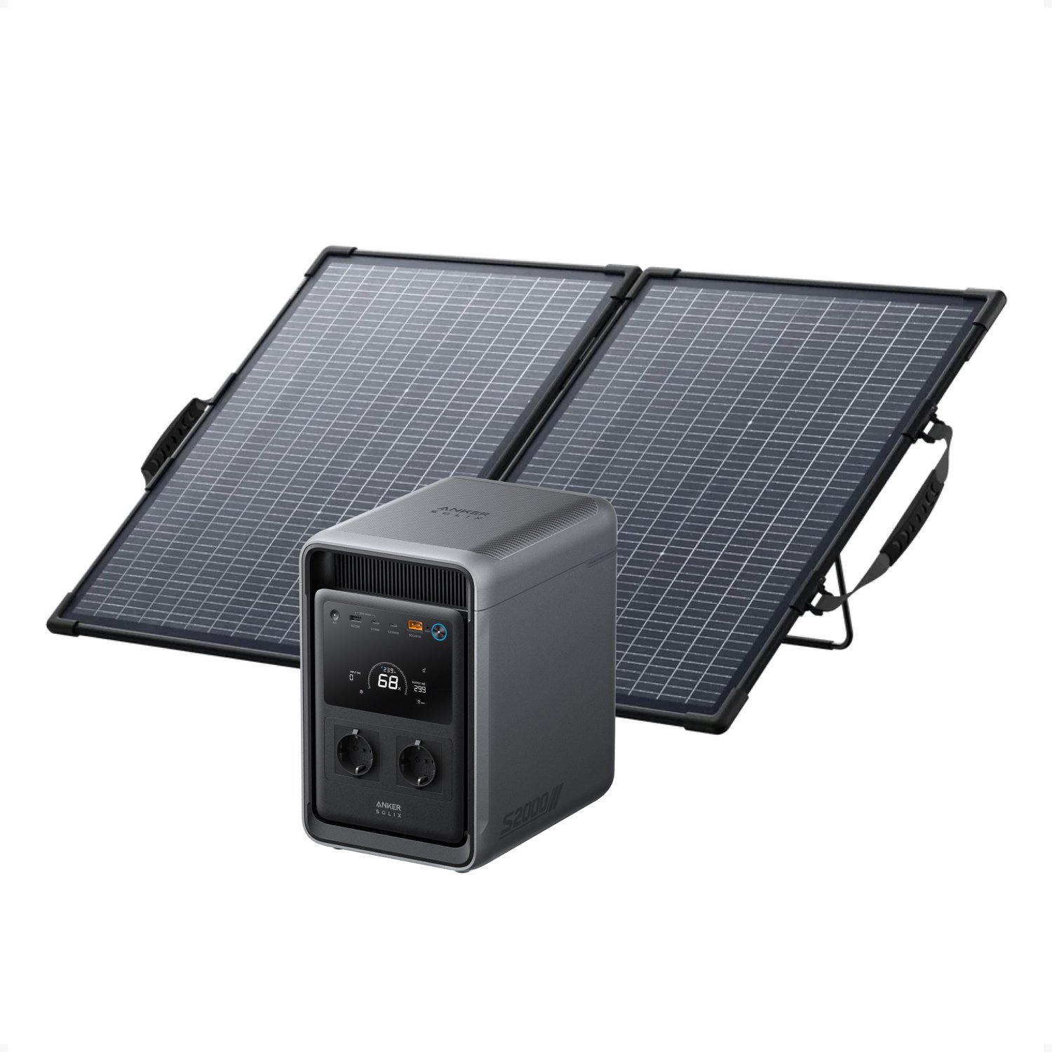 Anker SOLIX S2000 Portable Power Station with 100W Bifacial Solar Panel - Zonnegenerator met 2010Wh LiFePO4-batterij - 1500W continu vermogen - 3000W piekvermogen - UPS <10ms en 100W zonnepaneel