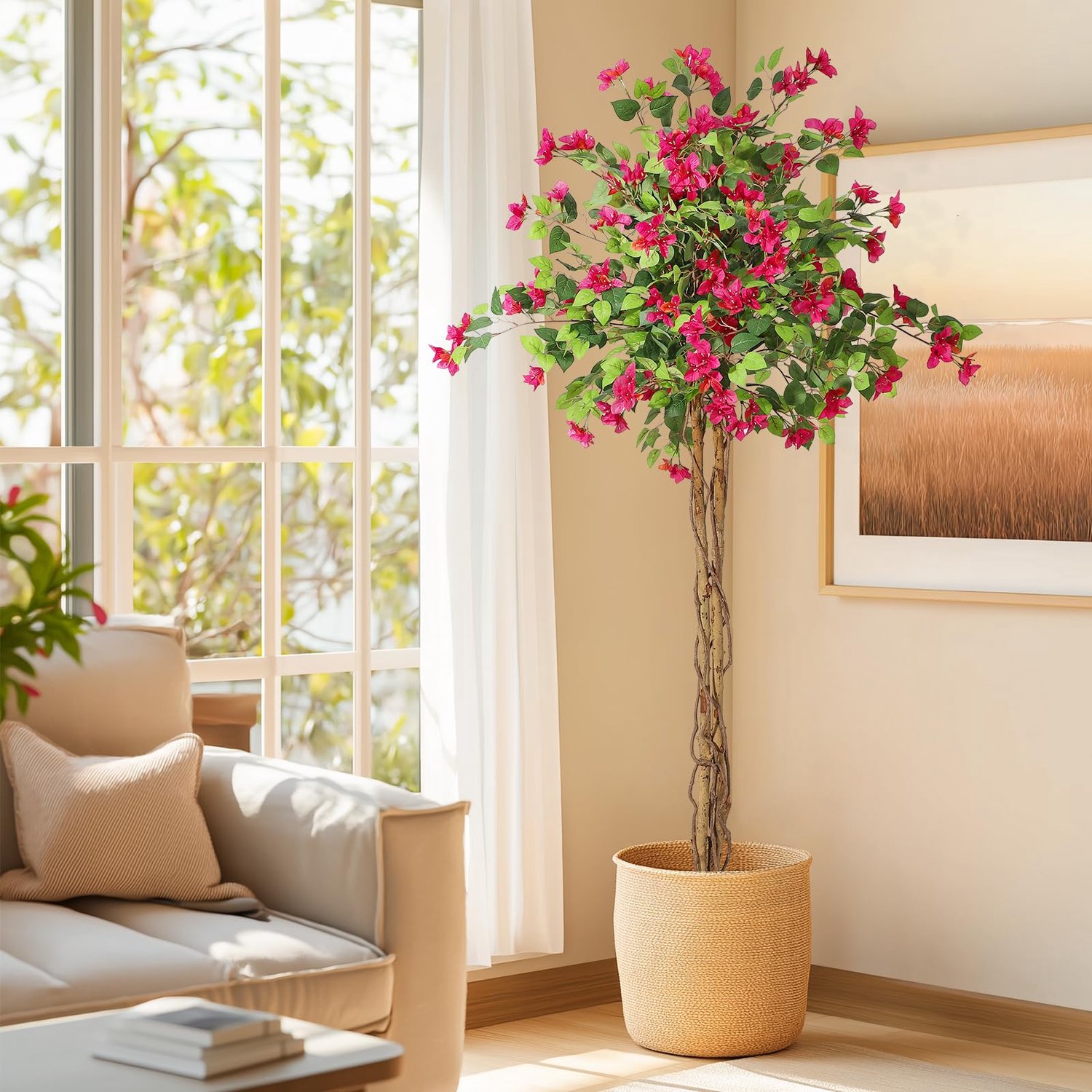 Triumpunpre Levensechte Roze Bougainvillea‑Boom – Kunstplant van Zijde met Verzwaarde Cementen Pot, Weer‑ en Kleurvast voor Binnen en Overdekt Buiten, Geschikt voor Woonkamer, Entree, Kantoor en Balkon