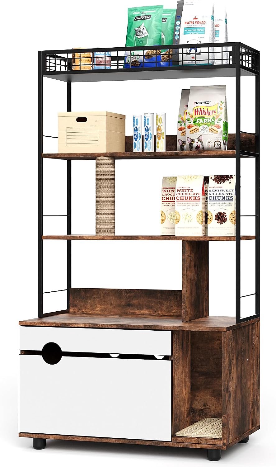 Hidden Cat Litter Box Enclosure 80 × 48 × 152 cm, 2-in-1 Wood & Metal Pet Furniture with Storage Shelf, Cat Scratching Post & Cushioned Mat