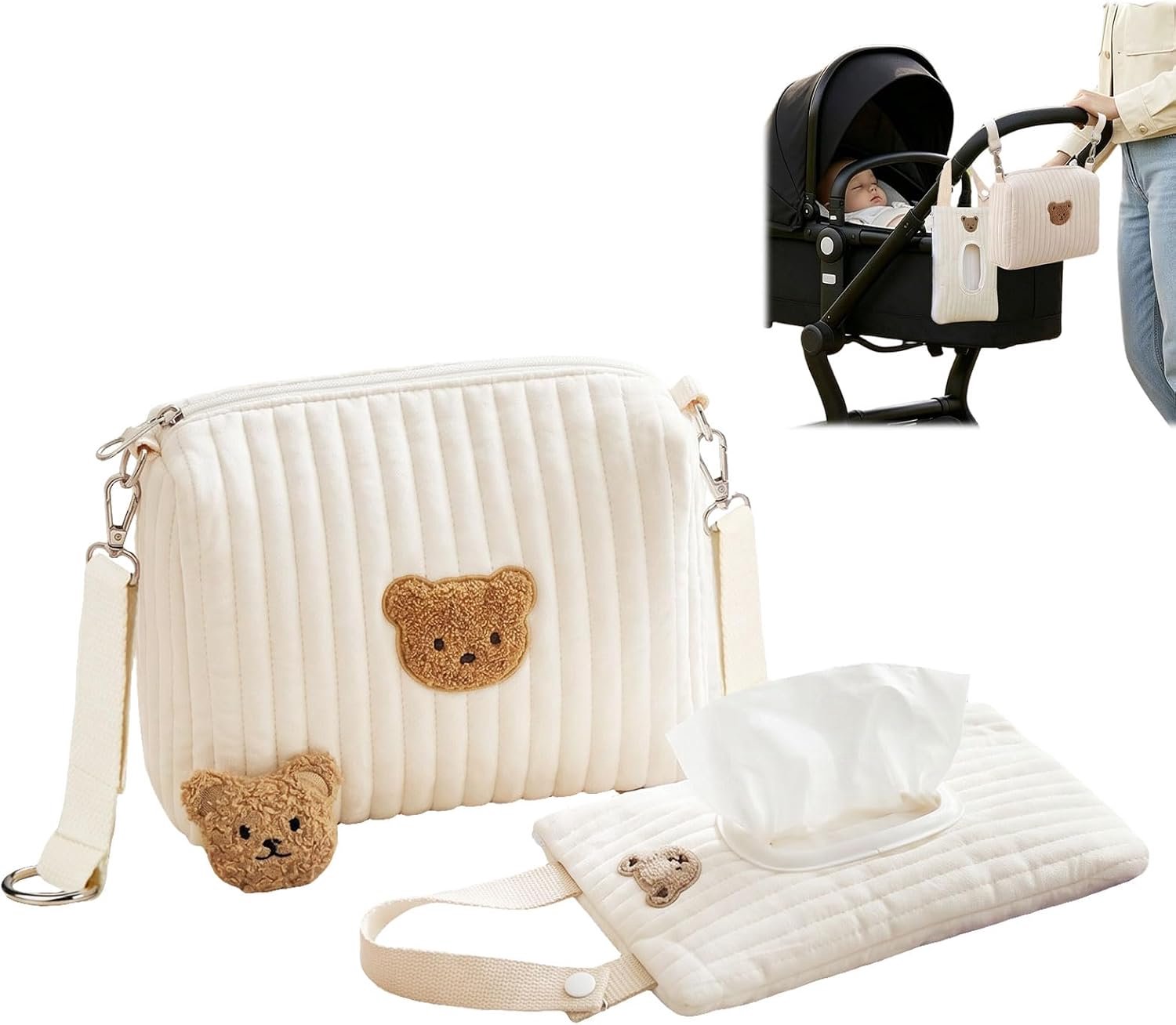 Luiertas - Kleine verzorgingstas - Organizer voor babyspullen - Met schouderriem en rits - Tissuehouder voor doekjes - Bevestiging aan kinderwagen - Berenmotief - Voor korte uitstapjes - Crème - 25x17x10 cm
