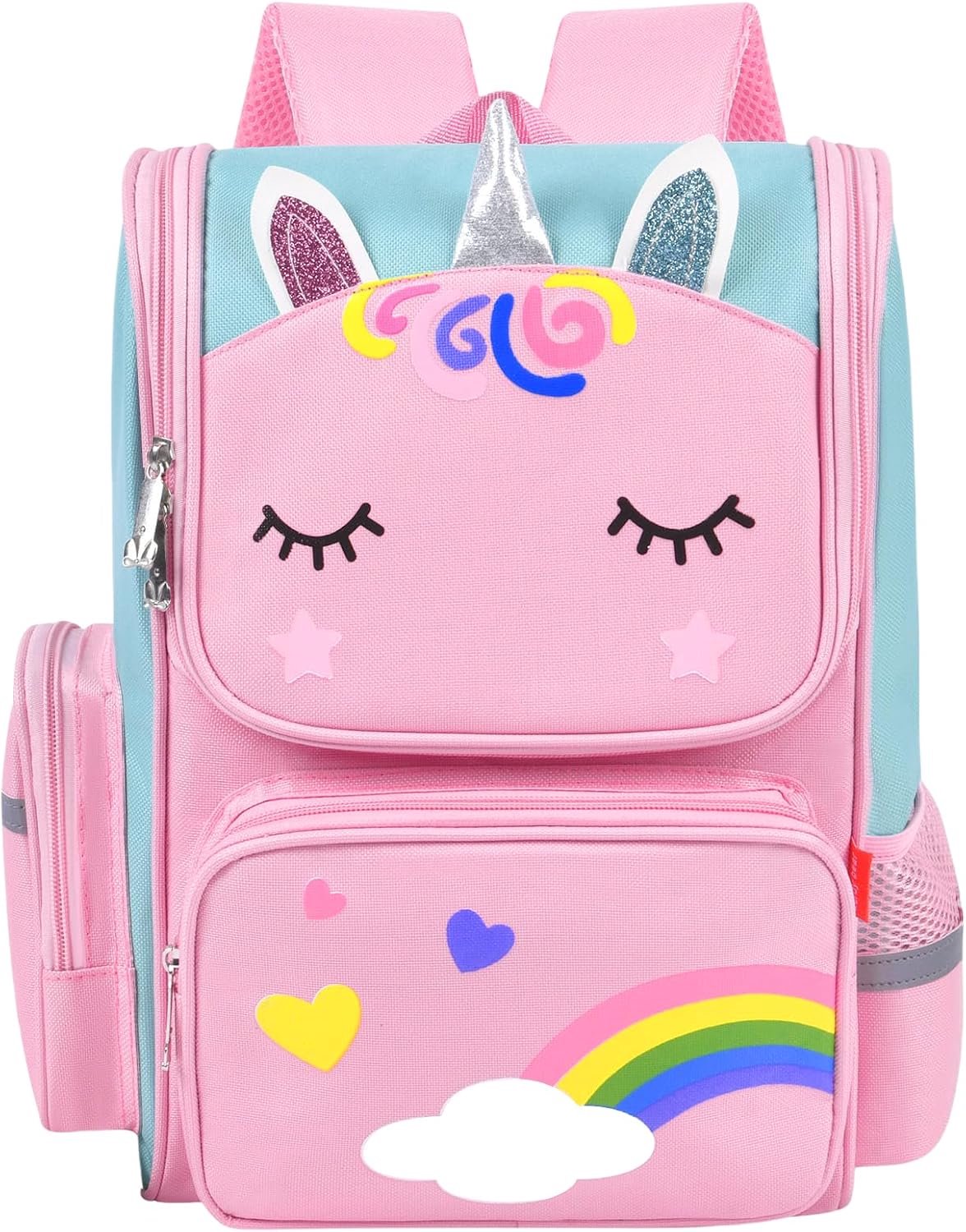 Schoolrugzak met eenhoorn - Kinderrugzak met zijvakken - Boekentas voor dagelijks gebruik - Rugtas met regenboogmotief - Verstelbare gevoerde schouderbanden - Polyester met dubbele ritssluiting - Roze/lichtblauw - 38 x 28 x 16 cm