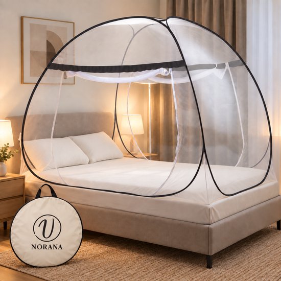 Pop-up klamboe voor een tweepersoonsbed, met zwarte randen en een draagtas ernaast.