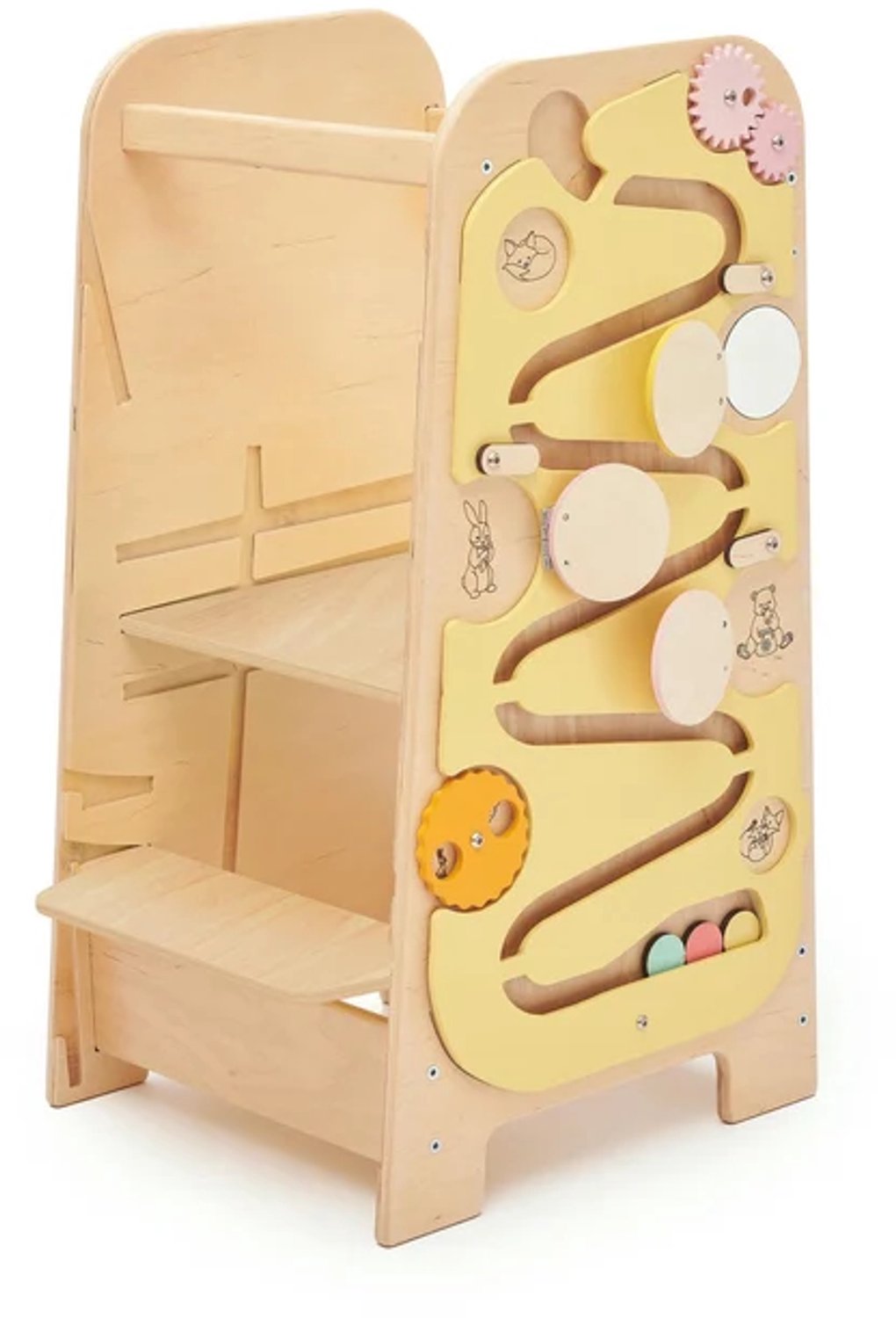 BusyKids 5-in-1 Verstelbare Houten Leertoren & Kindertafel met Stoel - Leertoren Montessori met Kogelbaan, Magnetisch Krijtbord & Tandwielen - 75 cm - Draagkracht 90 kg