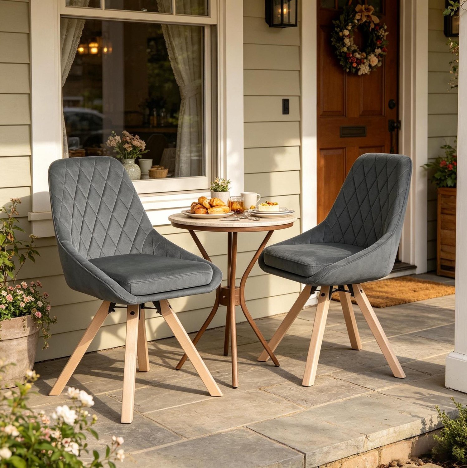 WUVRIE Eetkamerstoelen set van 2 - 360° draaibaar met fluwelen zitting - Donkergrijs