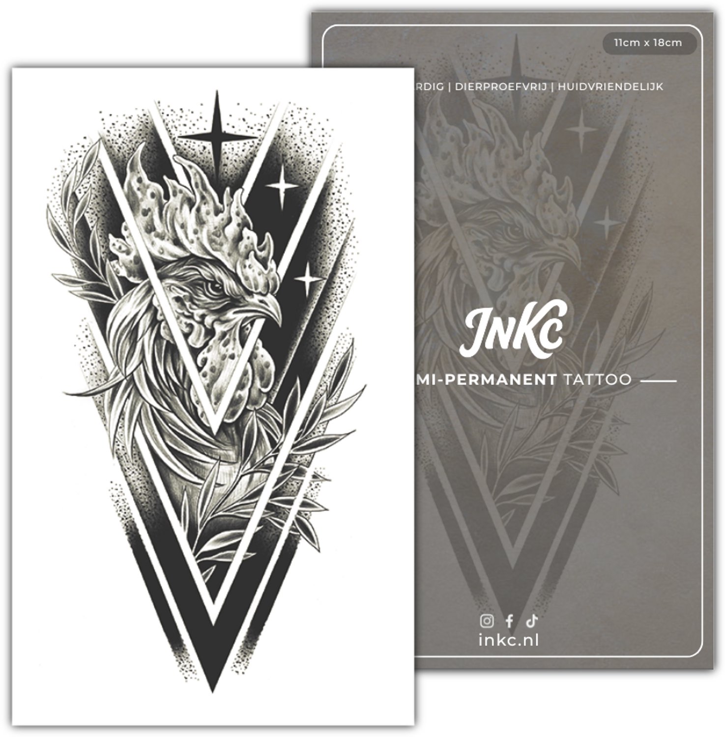 INKC - Tijdelijke Tattoo - Mystieke Haan - Nep Tattoo - Plak Tattoos - Blijft tot 2 weken - 11 x 18cm