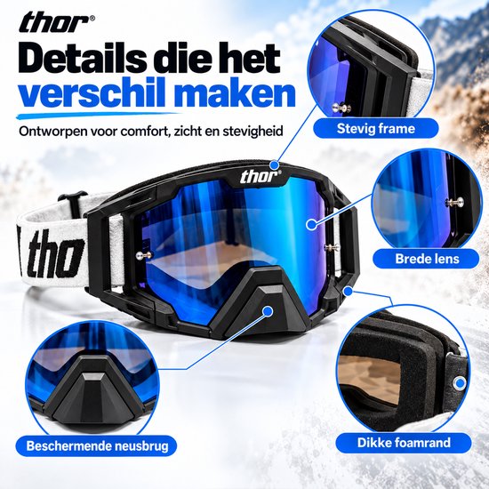 Zwarte motorcrossbril met blauwe spiegelende lens, stevige frame, brede lens en dikke foamrand. Beschermende neusbrug.