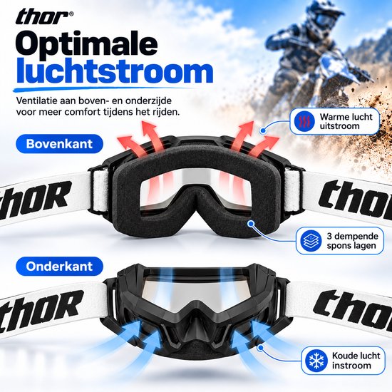 Zwarte motorcrossbril met wit "thor"-band en schuimrand. Ventilatie aan boven- en onderkant voor optimale luchtstroom.