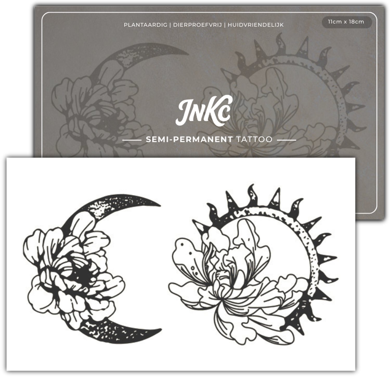 INKC - Tijdelijke Tattoo - Dag en Nacht Bloem - Nep Tattoo - Plak Tattoos - Blijft tot 2 weken - 11 x 18cm