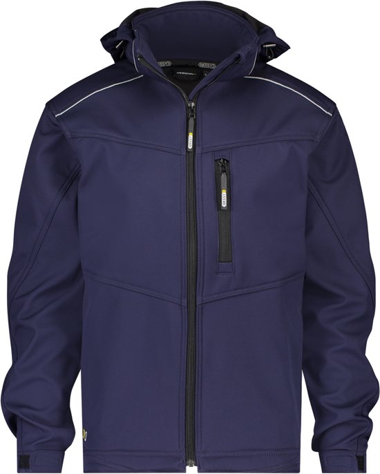 Donkerblauwe DASSY softshell werkjas met capuchon, rits en reflecterende biezen.