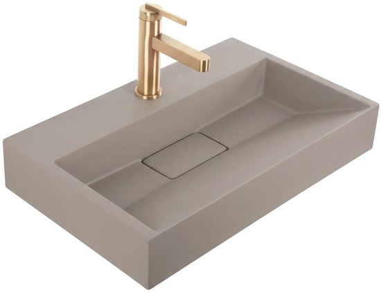 Lavabo rectangulaire taupe avec un robinet doré moderne et la marque 'Rea' sur le col.