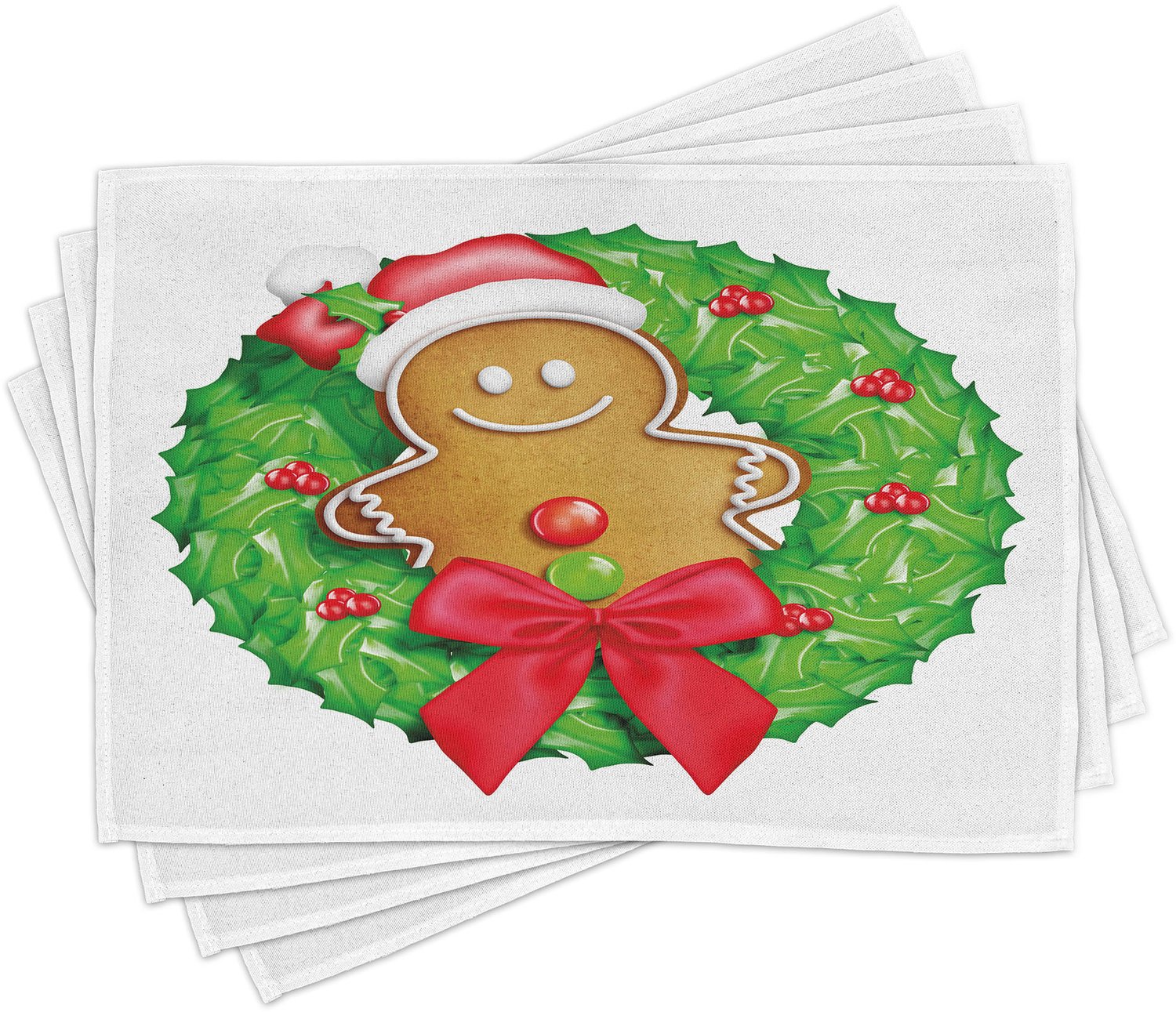 ABAKUHAUS Peperkoekmannetje Placemats Set van 4, Cartoon Kerst Krans met Peperkoekmannetje Grappige Vrolijk Seizoen, Wasbare Stoffen Placemats voor de Eettafel, Standaardformaat, Beige Groen