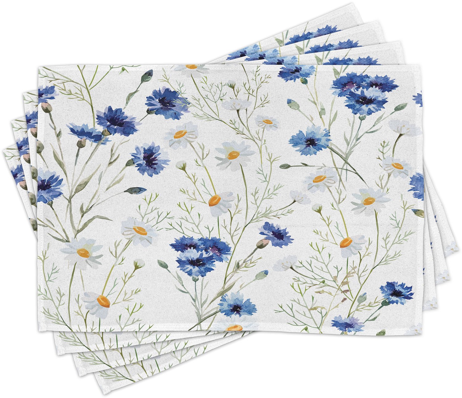ABAKUHAUS Aquarelbloemen Placemats Set van 4, Wilde bloemen en Korenbloemen Madeliefjes Bloesems Bloem Knoppen Kunst, Wasbare Stoffen Placemats voor de Eettafel, Standaardformaat, Groen Goudsbloem