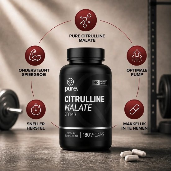 Pot Pure. Citrulline Malate omringd door iconen die spiergroei, herstel en optimale pomp ondersteunen.