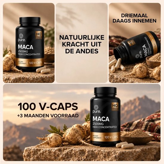 Overzicht van Pure Maca supplement met info over dagelijkse inname en 3 maanden voorraad.