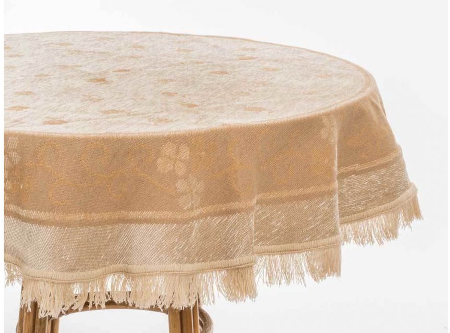 Handweef Tafelkleed Hortensia 6 - 150 cm rond - bloemen - beige - goudkleur - chenille afgewerkt met franjes