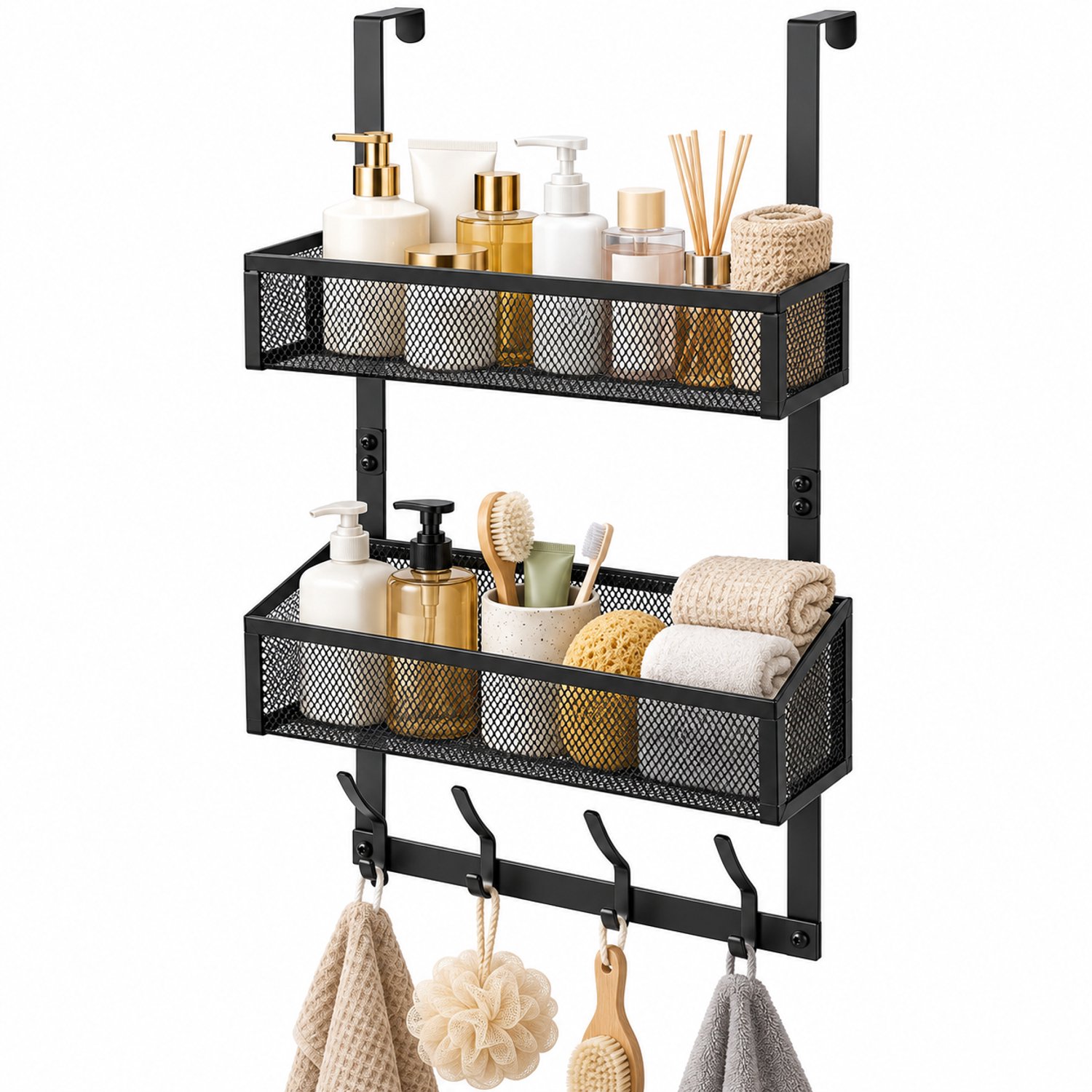 BOTC Deurkapstok RVS - Deur Organizer - 8 Haken & 2 Opbergmanden - voor Badkamer, Slaapkamer & Keuken - Zwart (voor deuren tot 4 cm)