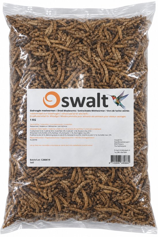 Transparante zak met 1 kg Oswalt gedroogde meelwormen, voorzien van wit productetiket met merklogo.