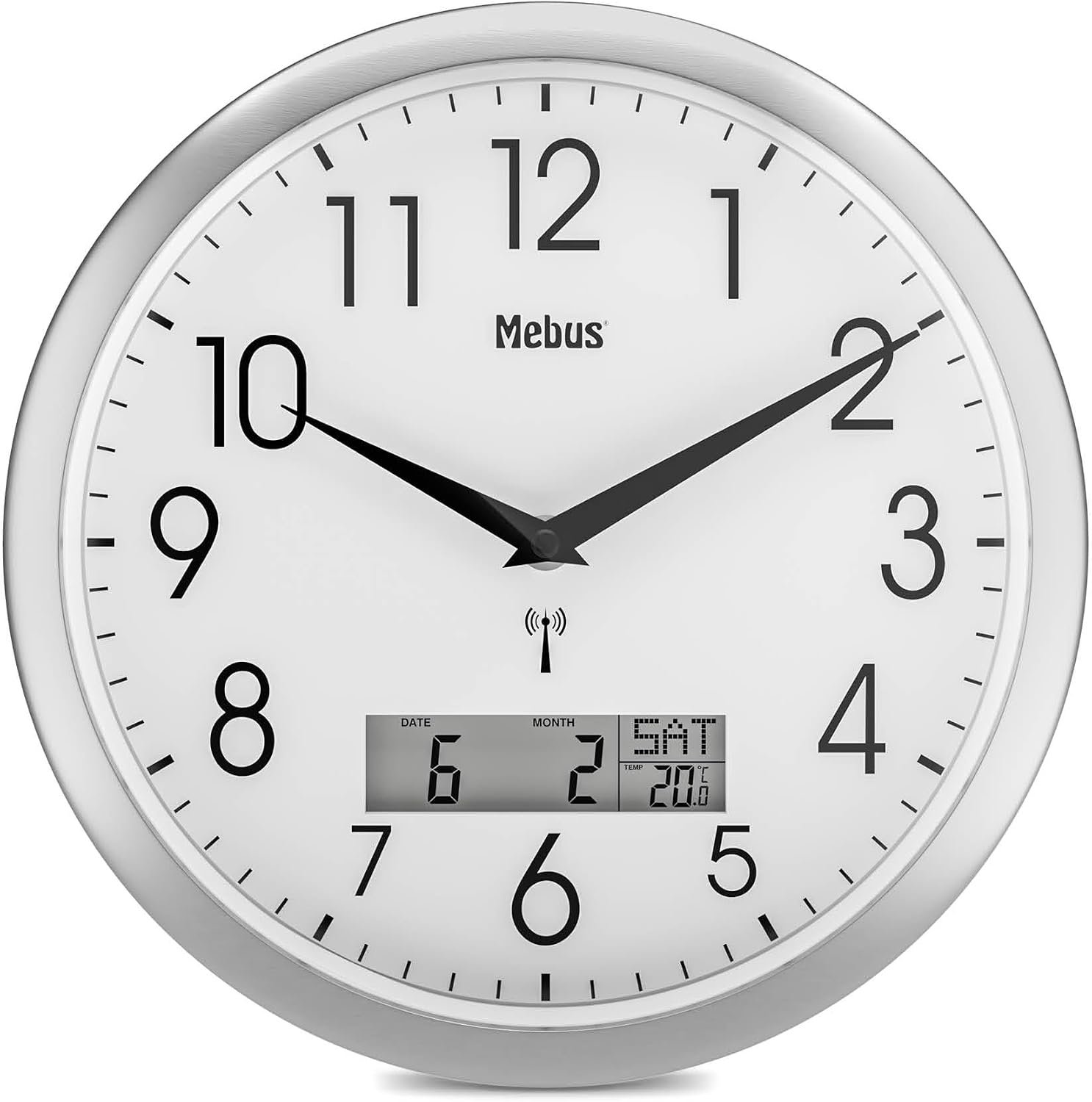 Mebus Wandklok 29cm Draadloos LCD Datum Temperatuur Wit