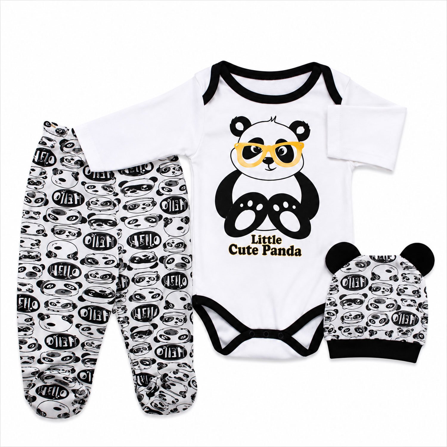 Jungengel Baby Kledingset 3-delig Panda - Romper Broekje met Voetjes Muts met Oortjes - 100% Katoen Zwart Wit - Maat 68 (3-6 Maanden) - Eerste Babykleding Unisex - Kraamcadeau Babyshower Geboorte