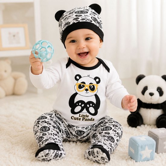 Jungengel Baby Kledingset 3-delig Panda - Romper Broekje met Voetjes Muts met Oortjes - 100% Katoen Zwart Wit - Maat 56 (0-3 Maanden) Newborn - Eerste Babykleding Unisex - Kraamcadeau Babyshower Geboorte — afbeelding 2