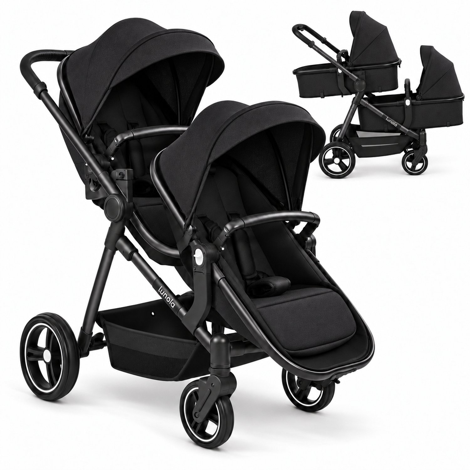 Lunola Noah Duo Kinderwagen - Dubbele Buggy voor Tweeling of Baby en Peuter - Afneembaar Zitje - Compact en Opvouwbaar - Zwart