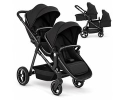 Lunola Noah Duo Kinderwagen - Dubbele Buggy voor Tweeling of Baby en Peuter - Afneembaar Zitje - Compact en Opvouwbaar - Zwart