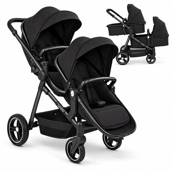 Zwarte Lunola duo-kinderwagen met twee zitjes, verstelbare kappen en ruime boodschappenmand.