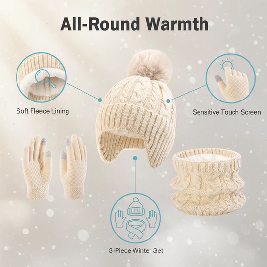 Winter Warm Fashion 3 stuks for kids- Muts + Nekwarmer + Handschoenen - Dikke gebreide pompon, muts, losse handschoenen met touchscreen, sjaalset — cadeau in Mode & Accessoires - foto 7