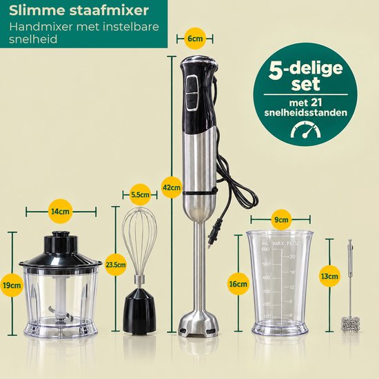 Staafmixer 5-in-1 set – Inclusief Hakmolen, garde, melkopschuimer & Maatbeker – krachtig & vaatwasserbestendig – 20 snelheden + turbofunctie – 1000W – PFAS-vrij — afbeelding 5