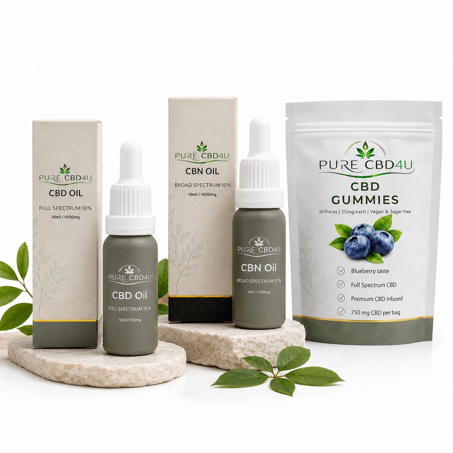 PureCBD4U CBD Bundel Relax/Sleep – CBD Olie 10% 10 ml + CBN Olie 10% 10 ml + CBD Gummies 25 mg 30 stuks