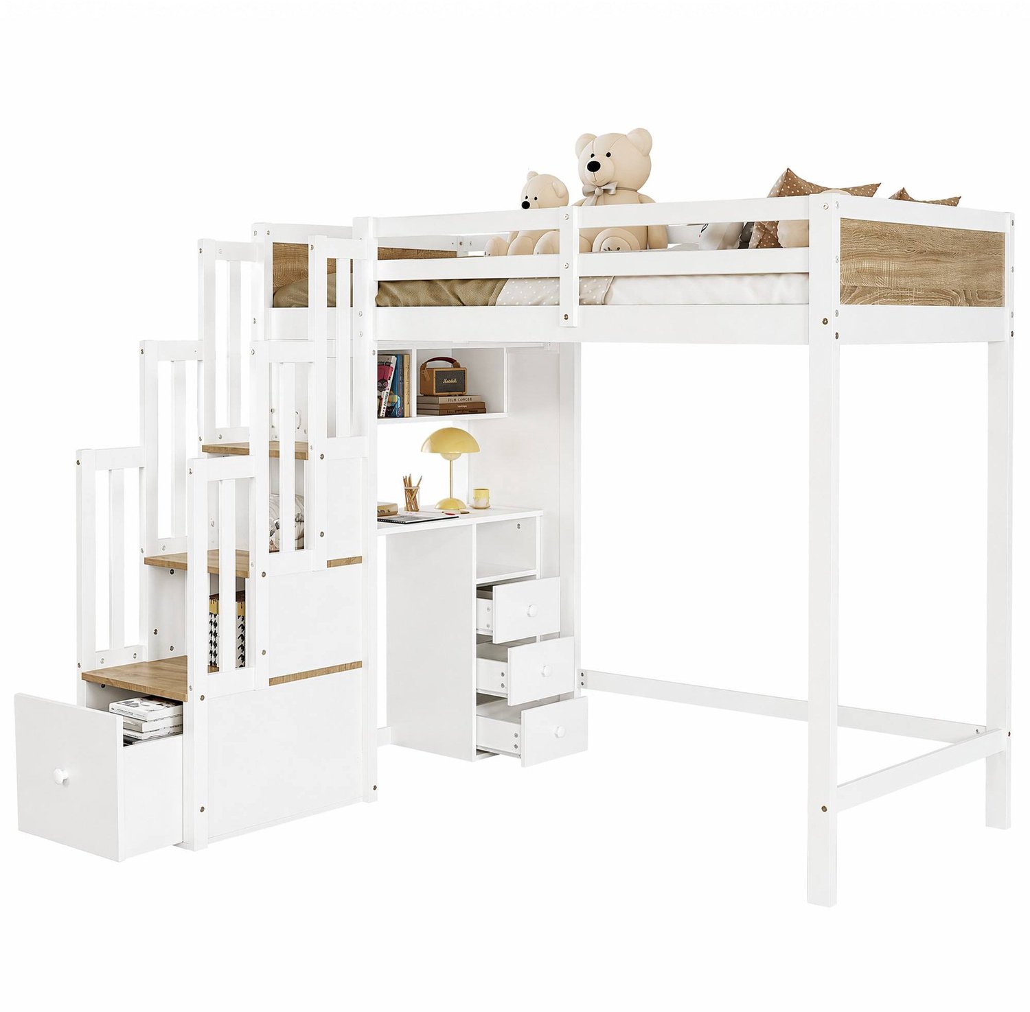 Merax Houten Hoogslaper 90 x 200 cm - Met Bureau - Opbergtrap - Lades - Open Rek - Wit en Houtkleurig