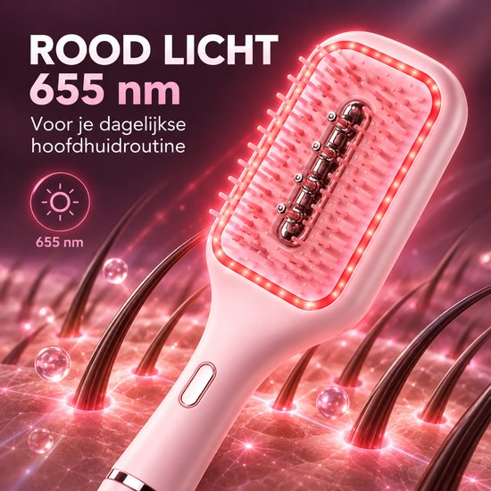 Roze haarborstel met rood licht 655 nm voor hoofdhuidroutine.