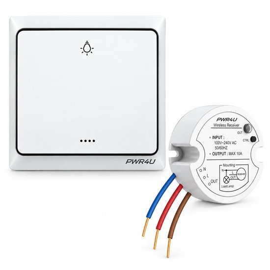 Witte PWR4U draadloze lichtschakelaar met lamp-icoon en ronde ontvanger met bedrading.