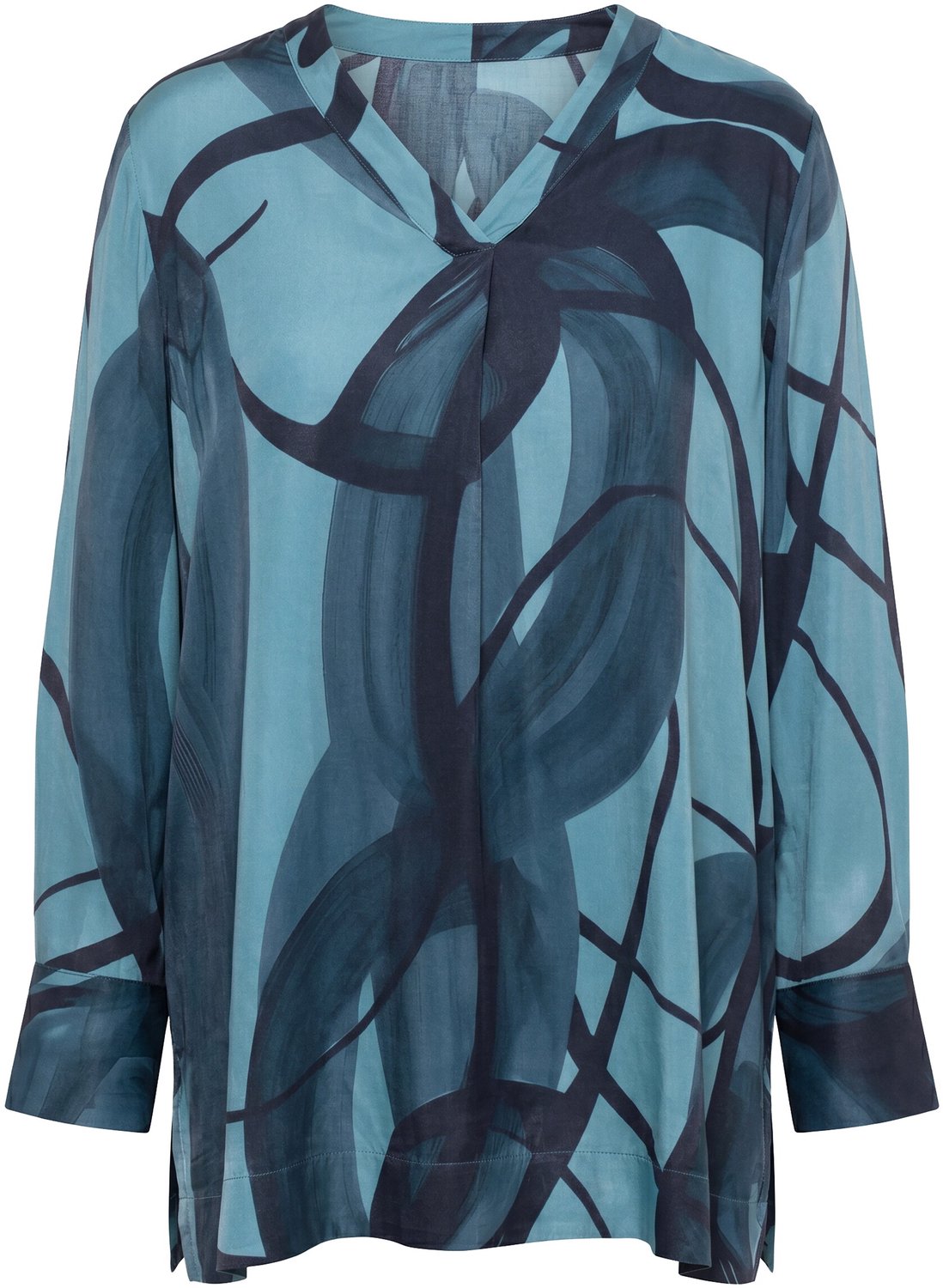 Ulla Popken - Dames - Satijnen tuniek aquarelstrepen V-hals lange mouwen - Blauwgroen - Maat 46+