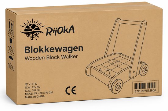 Rijoka Houten Loopwagen met Blokken - Duurzaam, Educatief en Stevig - Vanaf 1 jaar — afbeelding 5